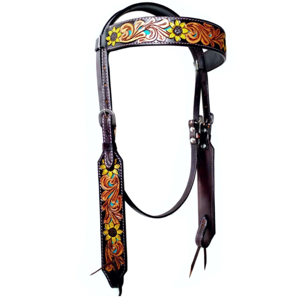 Bar H Equine Sunflower Floral Hand Carved Horse Leather One Ear Headstall Brown