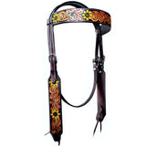 Bar H Equine Sunflower Floral Hand Carved Horse Leather One Ear Headstall Brown
