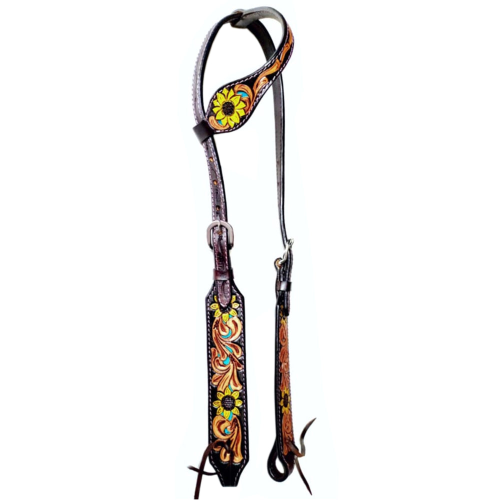 Bar H Equine Sunflower Floral Hand Carved Horse Leather One Ear Headstall Brown