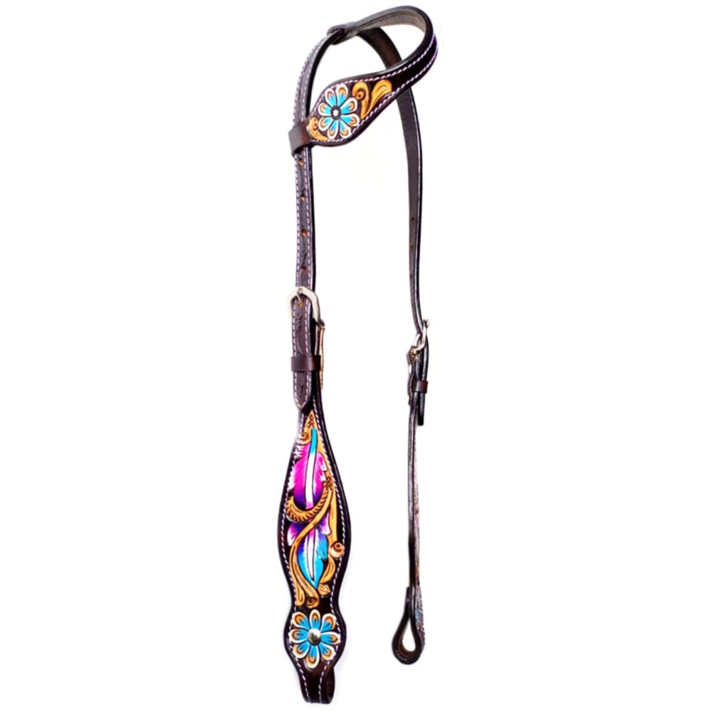 Bar H Equine Horse Leather Floral Feather One Ear Headstall Dark Brown