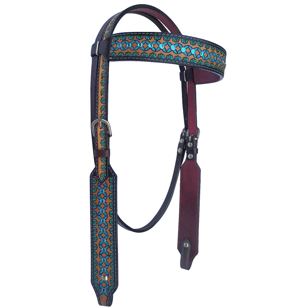 Bar H Equine American Leather Horse Saddle Tack One Ear Headstall Breast Collar Browband Wither Strap Turquoise Symmetry