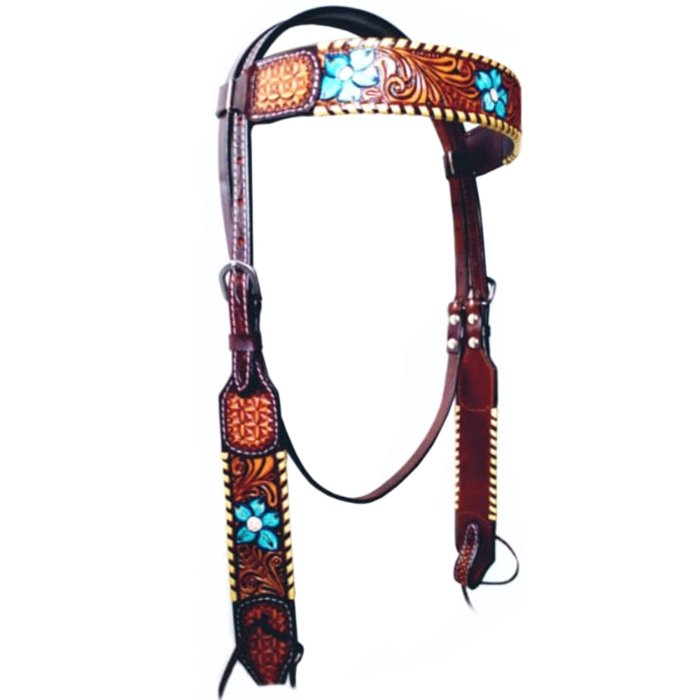 Bar H Equine American Leather Horse Saddle Tack One Ear Headstall Breast Collar Browband Wither Strap Turquoise Bloom BER111
