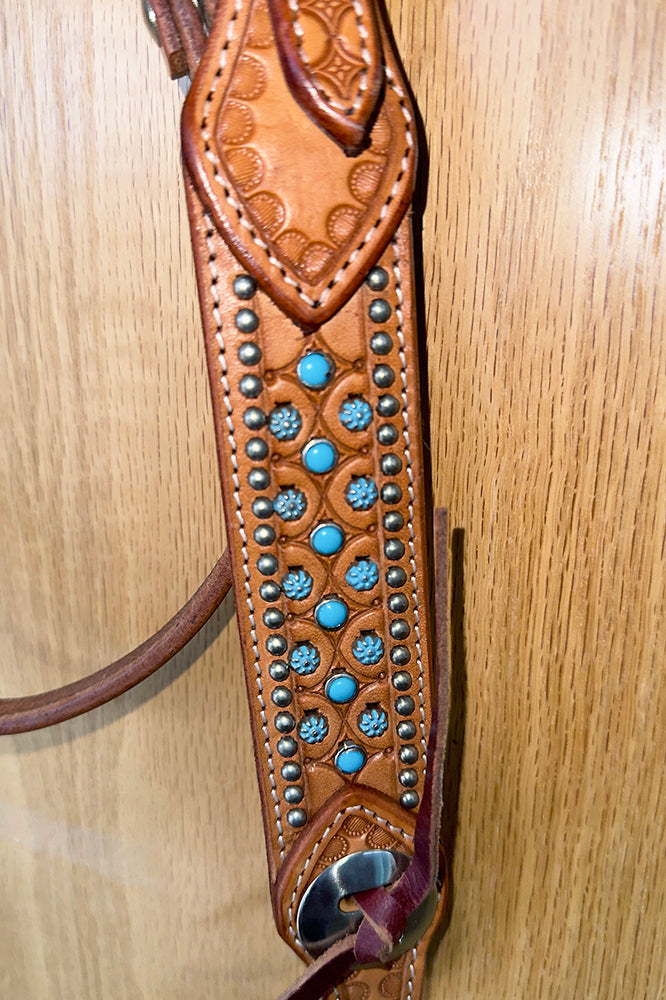 Bar H Equine Western Horse Genuine Leather Hand Tooled Headstall Tan