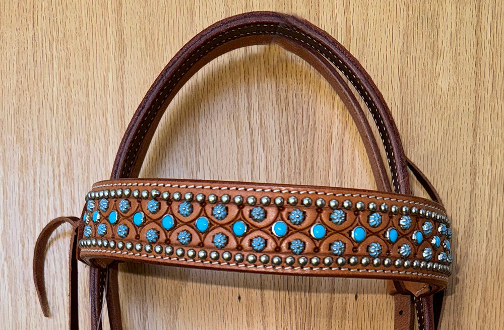 Bar H Equine Western Horse Genuine Leather Hand Tooled Headstall Tan