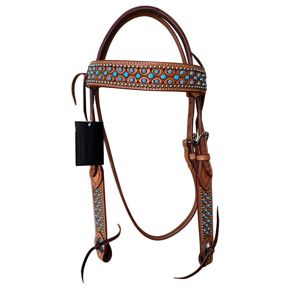 Bar H Equine Western Horse Genuine Leather Hand Tooled Headstall Tan