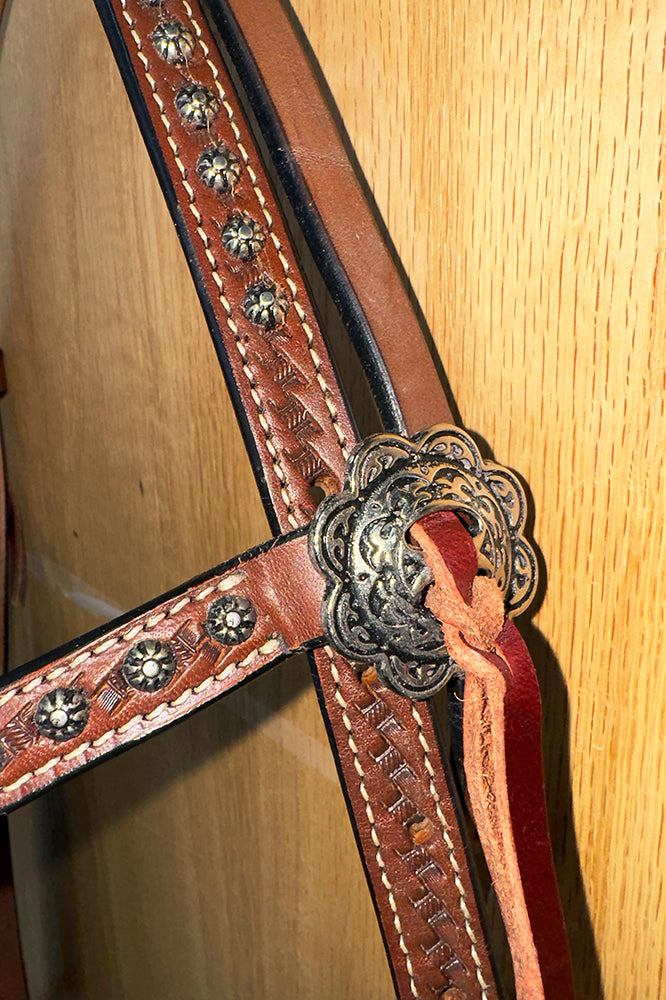 Bar H Equine Western Horse Genuine Leather Hand Tooled Headstall Dark Brown