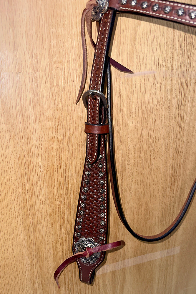 Bar H Equine Western Horse Genuine Leather Hand Tooled Headstall Dark Brown