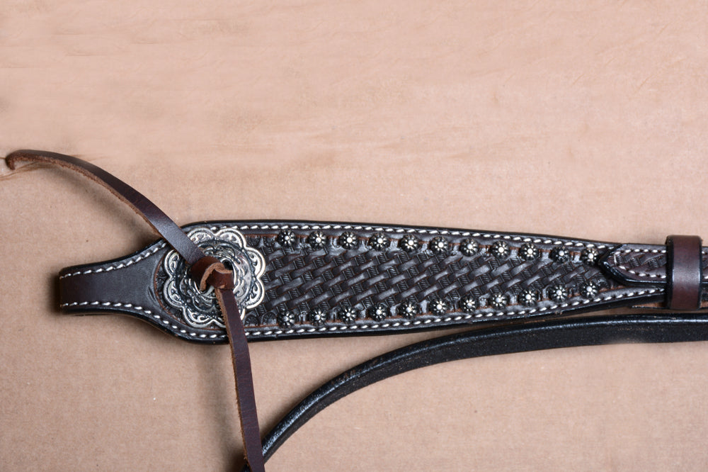 Bar H Equine Western Horse Genuine Leather Hand Tooled Headstall Dark Brown