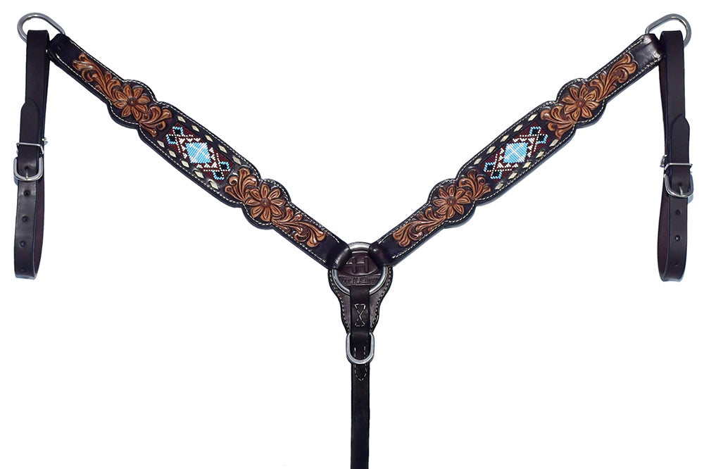 Bar H Equine Genuine Western American Leather Horse Premium Headstall & Breast Collar Set