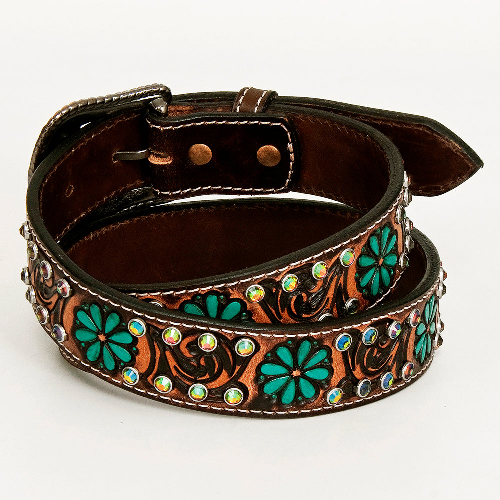 BAR H EQUINE Turquoise Flower Hand Carved Western Leather Men And Women Belt Brown