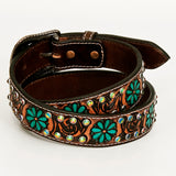 BAR H EQUINE Turquoise Flower Hand Carved Western Leather Men And Women Belt Brown