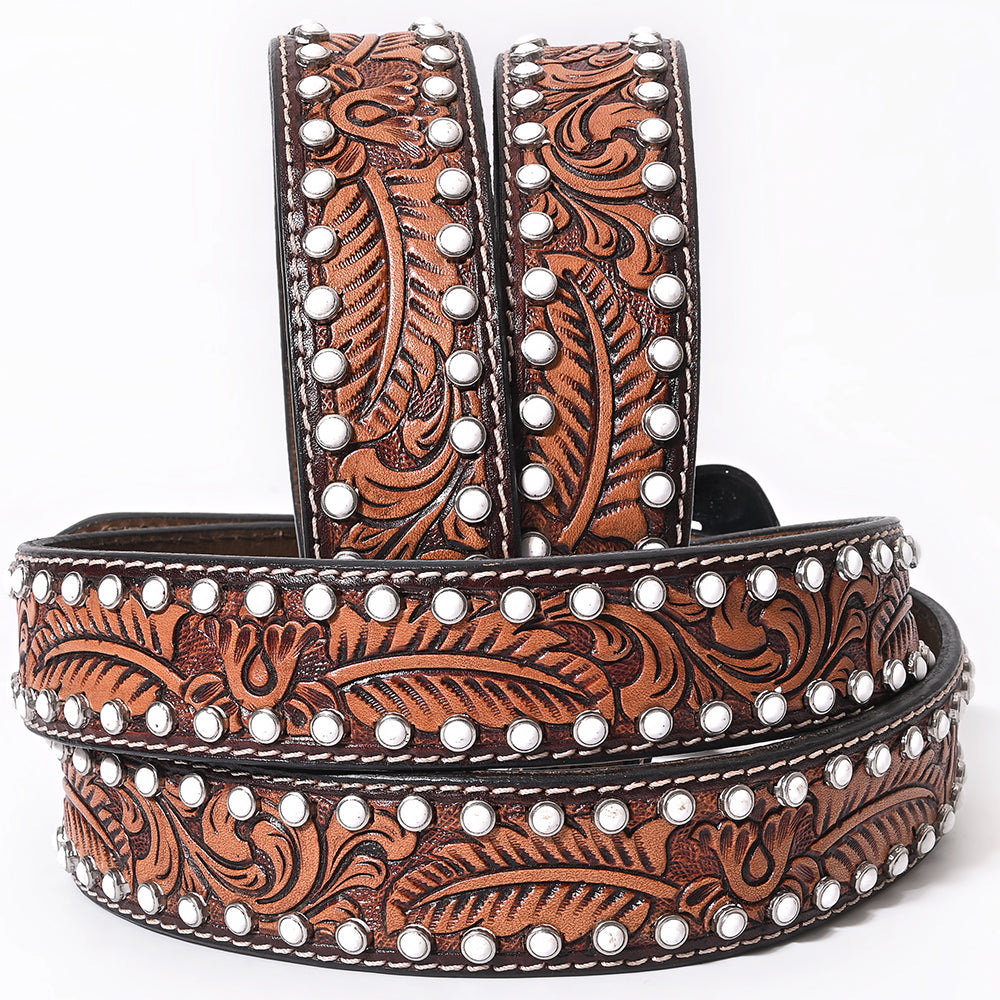 BAR H EQUINE Floral Leaf White Crystal Hand Carved Western Leather Men And Women Belt Brown