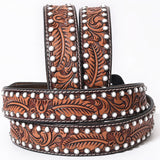 BAR H EQUINE Floral Leaf White Crystal Hand Carved Western Leather Men And Women Belt Brown