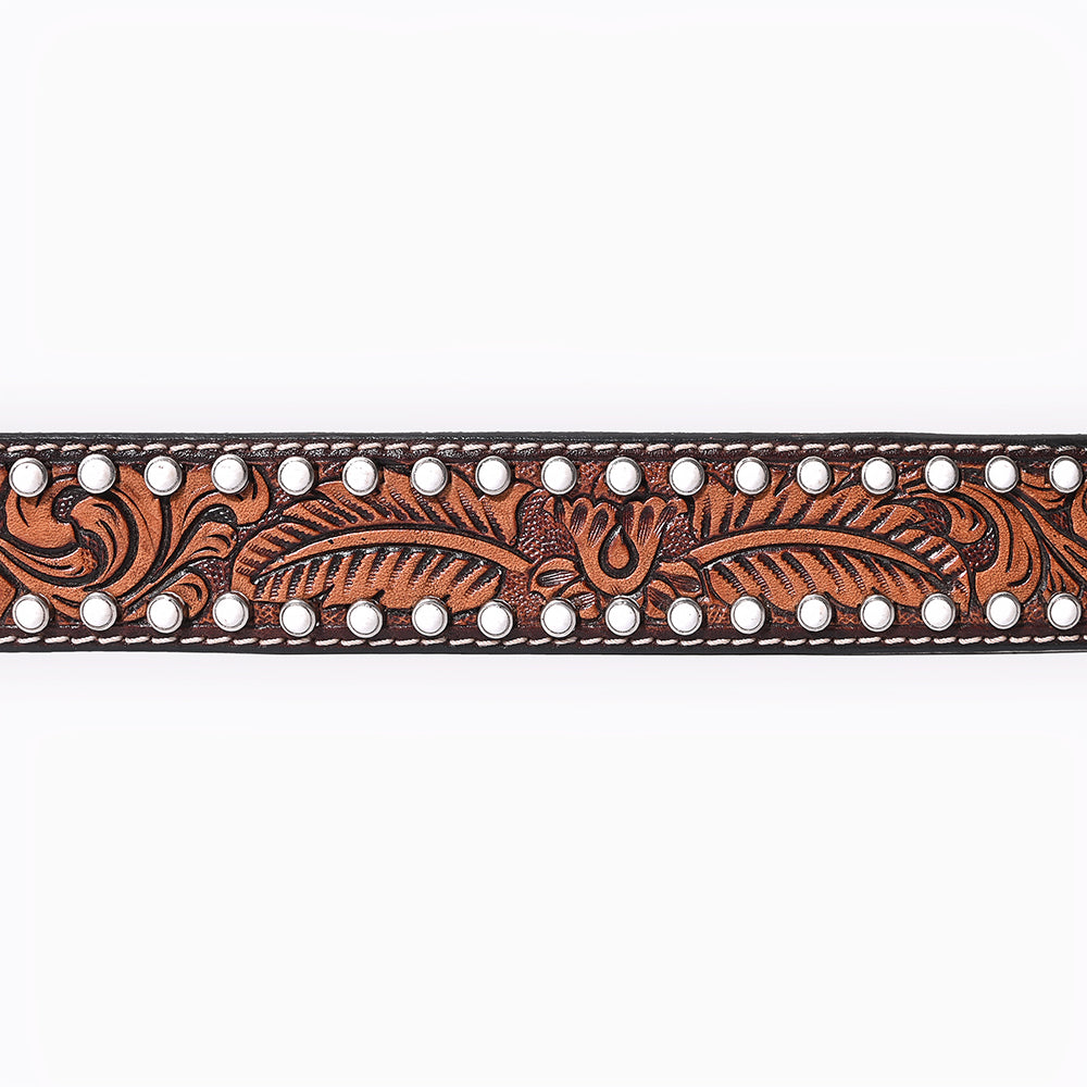 BAR H EQUINE Floral Leaf White Crystal Hand Carved Western Leather Men And Women Belt Brown
