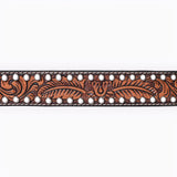BAR H EQUINE Floral Leaf White Crystal Hand Carved Western Leather Men And Women Belt Brown