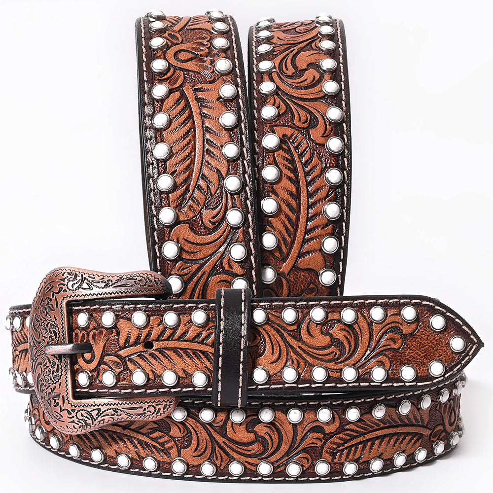 BAR H EQUINE Floral Leaf White Crystal Hand Carved Western Leather Men And Women Belt Brown