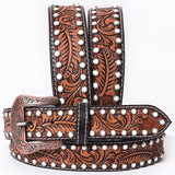 BAR H EQUINE Floral Leaf White Crystal Hand Carved Western Leather Men And Women Belt Brown