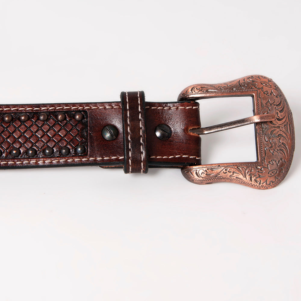 BAR H EQUINE Red Beaded Black Crystal Hand Carved Western Leather Belt Antique Brown