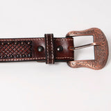 BAR H EQUINE Red Beaded Black Crystal Hand Carved Western Leather Belt Antique Brown