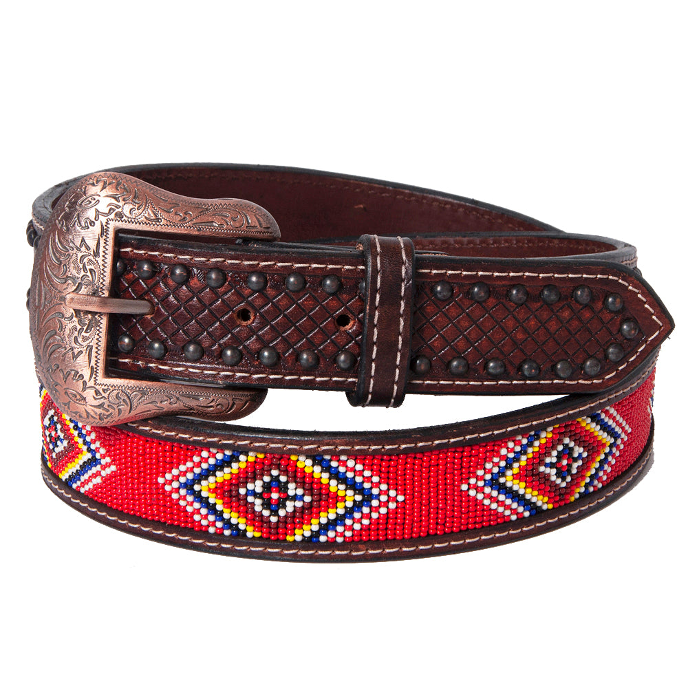 BAR H EQUINE Red Beaded Black Crystal Hand Carved Western Leather Belt Antique Brown