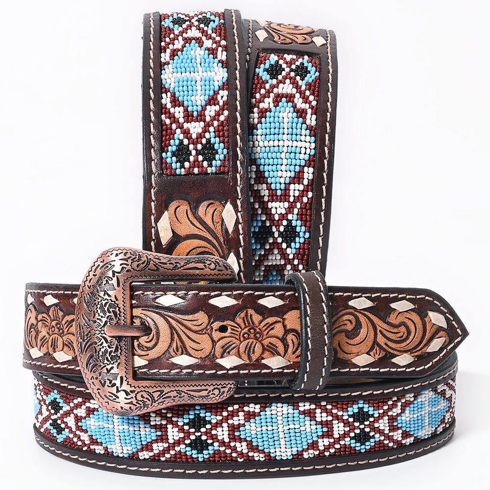 BAR H EQUINE Genuine Beaded Floral Hand Tooled Western Leather Men And Women Belt