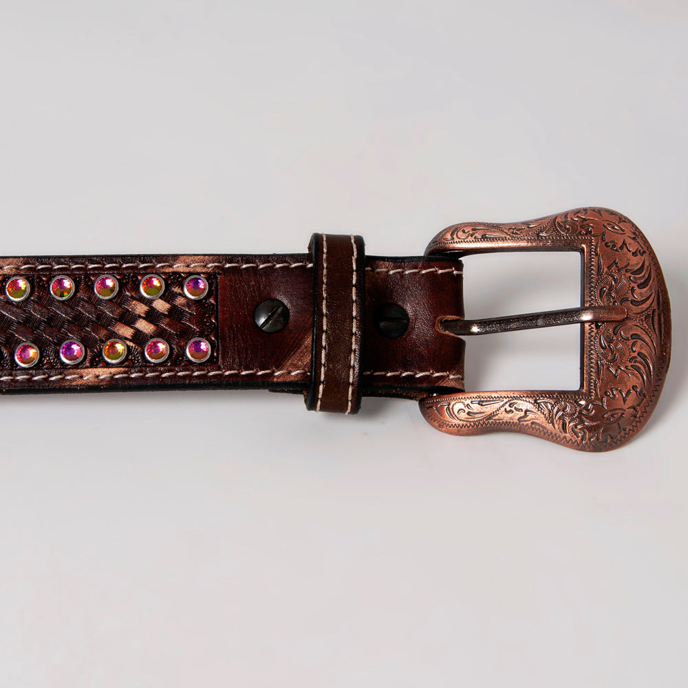 BAR H EQUINE Beaded Crystal Basket Tooled Hand Carved Western Leather Men And Women Belt Antique Brown