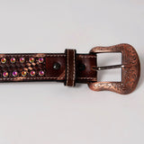 BAR H EQUINE Beaded Crystal Basket Tooled Hand Carved Western Leather Men And Women Belt Antique Brown