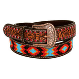 BAR H EQUINE Red Crystal Beaded Floral Hand Carved Western Leather Men And Women Belt Brown