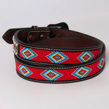 BAR H EQUINE Red Beaded White Crystal Floral Hand Carved Western Men And Women Belt Brown