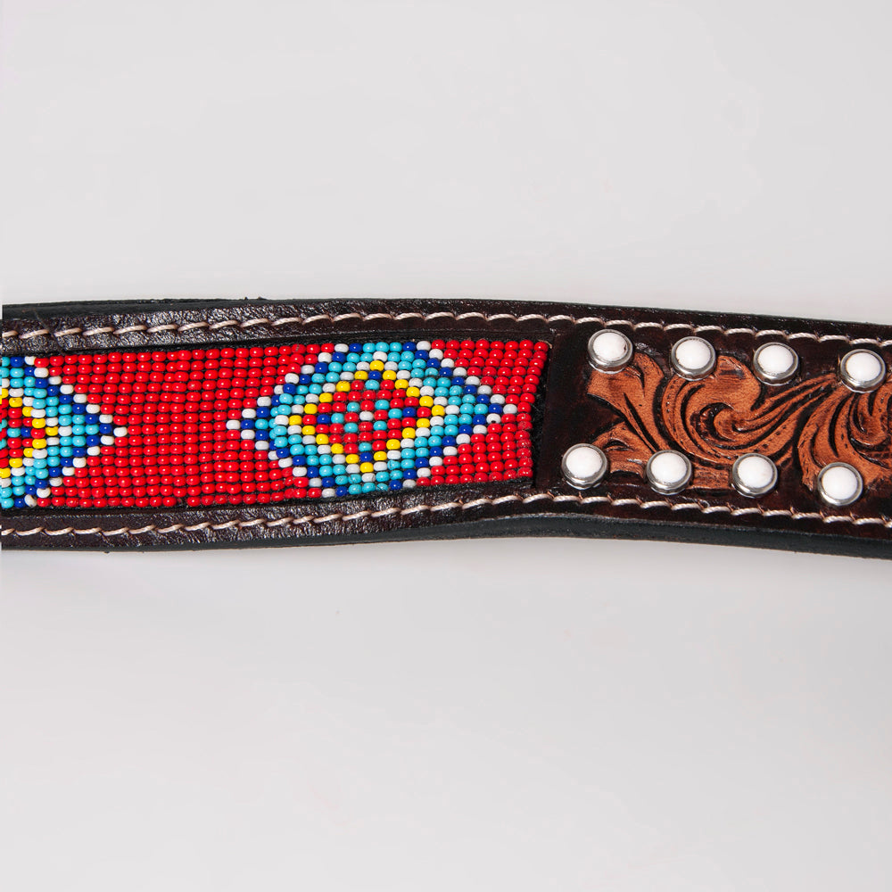 BAR H EQUINE Red Beaded White Crystal Floral Hand Carved Western Men And Women Belt Brown