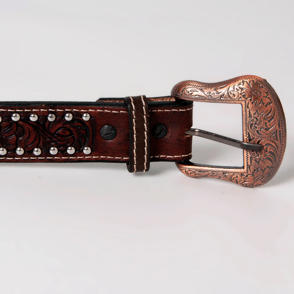 BAR H EQUINE Beaded Floral Hand Carved Western Leather Men And Women Belt Antique Brown
