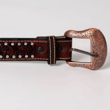 BAR H EQUINE Beaded Floral Hand Carved Western Leather Men And Women Belt Antique Brown