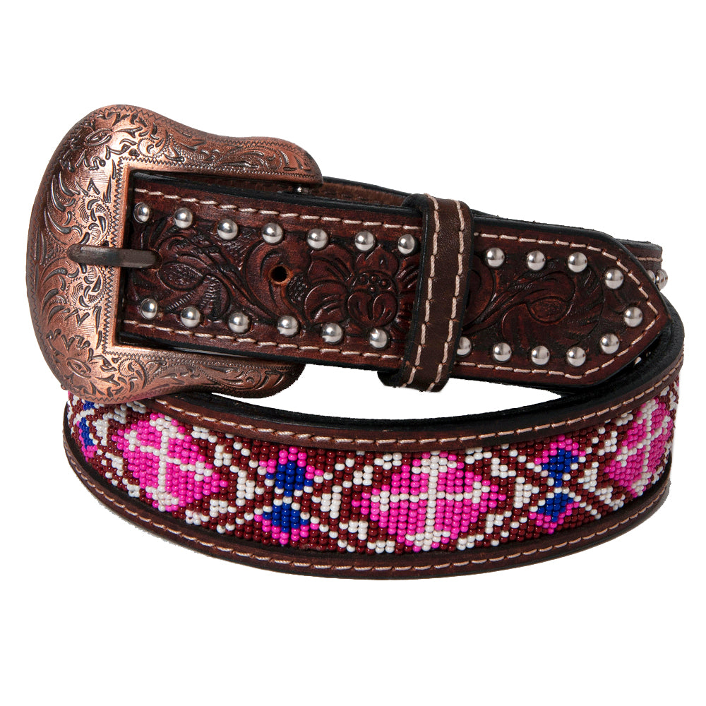 BAR H EQUINE Beaded Floral Hand Carved Western Leather Men And Women Belt Antique Brown