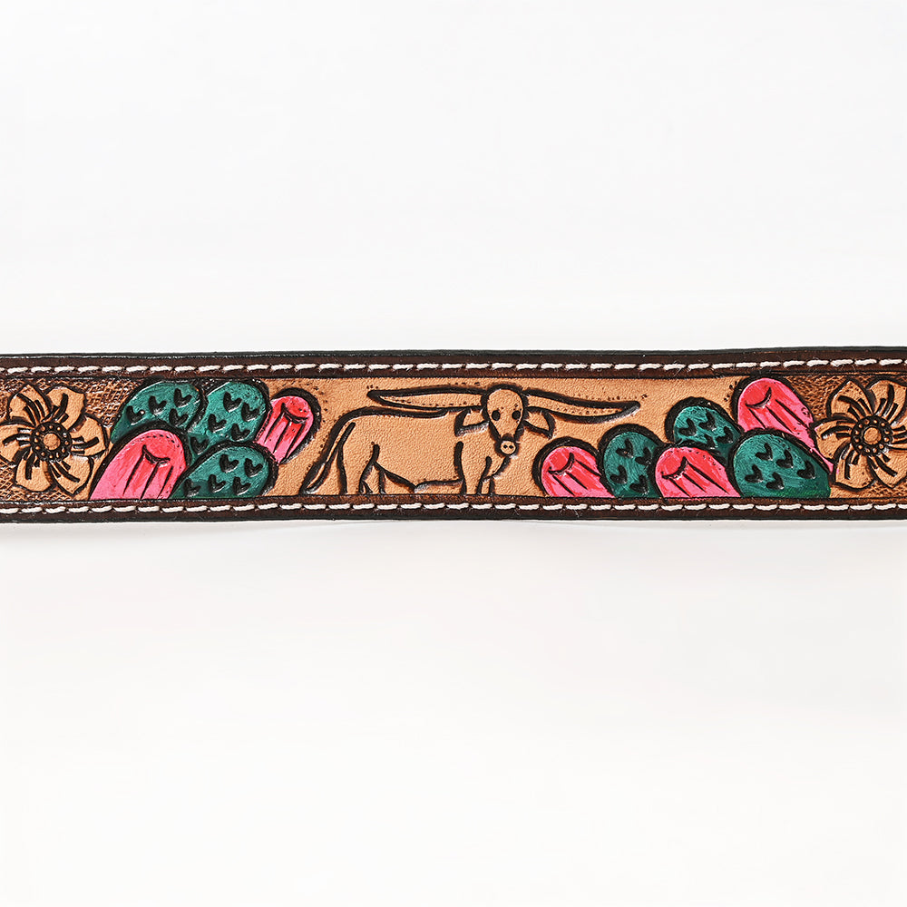 BAR H EQUINE Floral Cactus Bull Hand Carved Western Leather Men And Women Belt