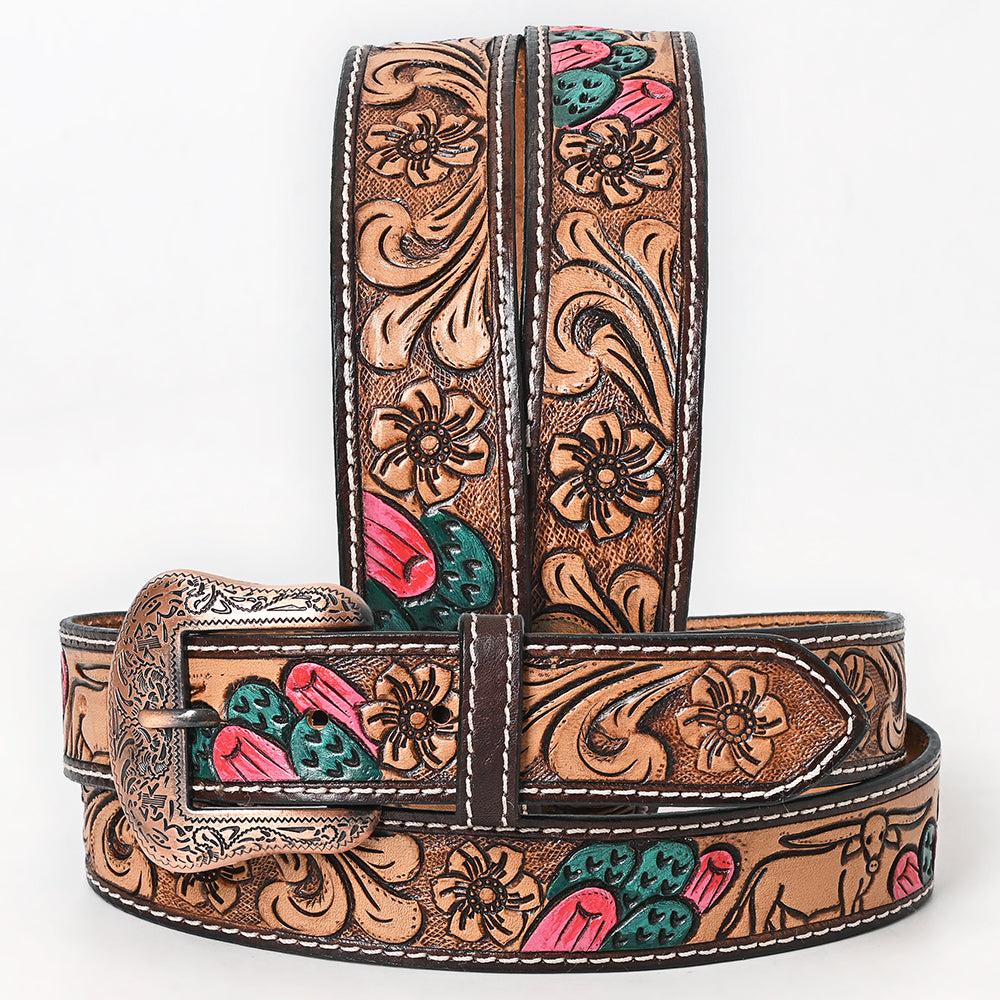 BAR H EQUINE Floral Cactus Bull Hand Carved Western Leather Men And Women Belt