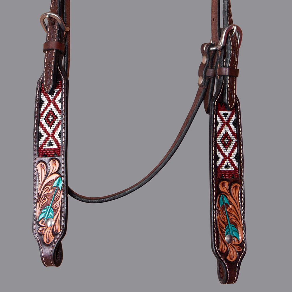 BAR H EQUINE Western Horse Floral Beaded Work Headstall Genuine Leather Dark Brown