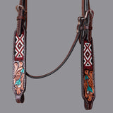 BAR H EQUINE Western Horse Floral Beaded Work Headstall Genuine Leather Dark Brown