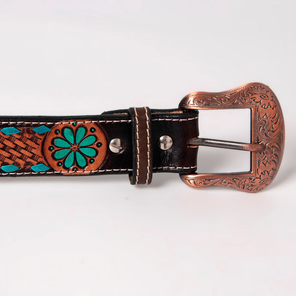 Turquoise Buckstitch Flower Basket Hand Tooled Western Leather Belt Brown