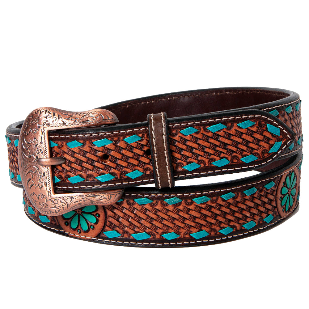 Turquoise Buckstitch Flower Basket Hand Tooled Western Leather Belt Brown