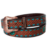 Turquoise Buckstitch Flower Basket Hand Tooled Western Leather Belt Brown
