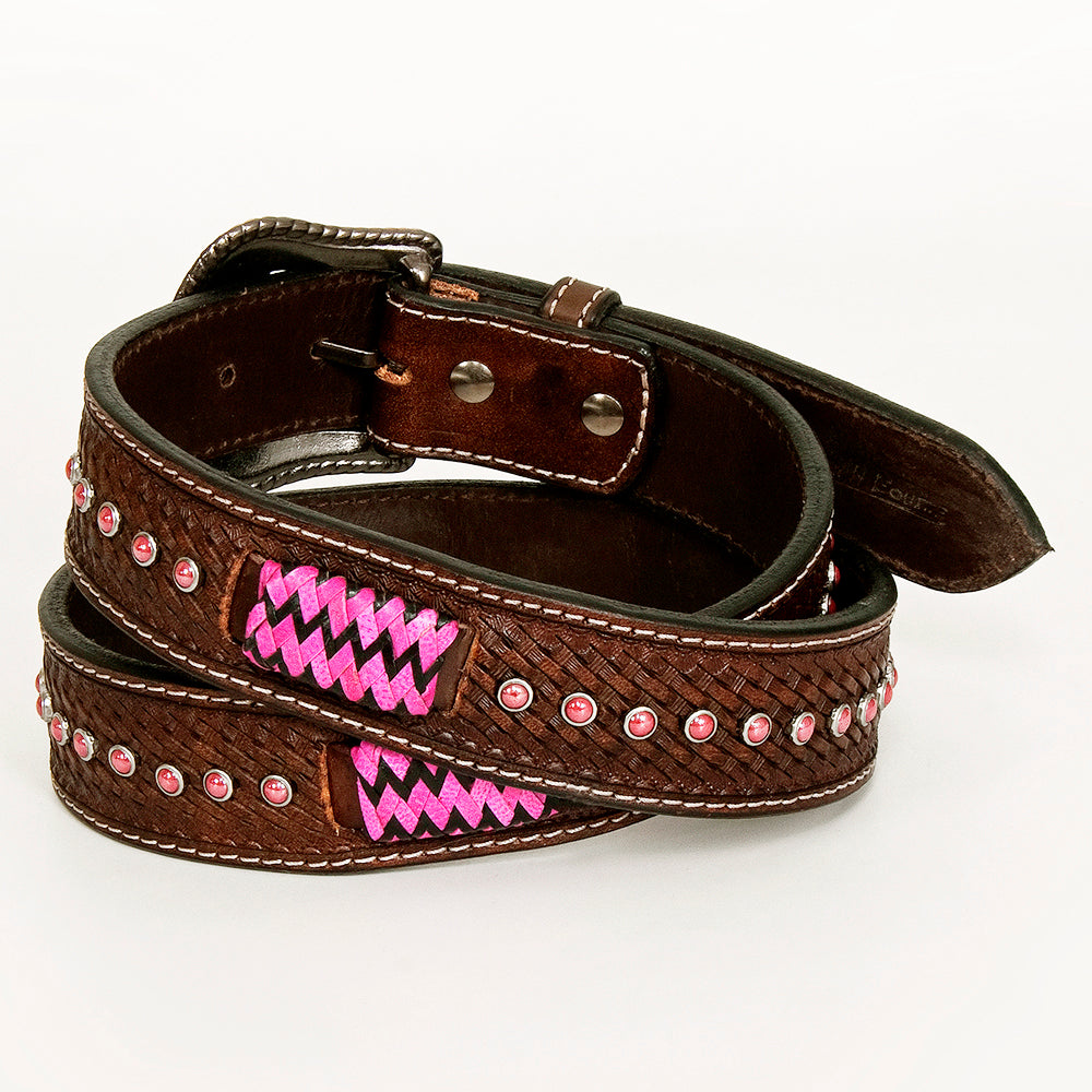 BAR H EQUINE Pink Rawhide Basket Hand Tooled Western Leather Men And Women Belt Brown