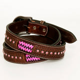 BAR H EQUINE Pink Rawhide Basket Hand Tooled Western Leather Men And Women Belt Brown