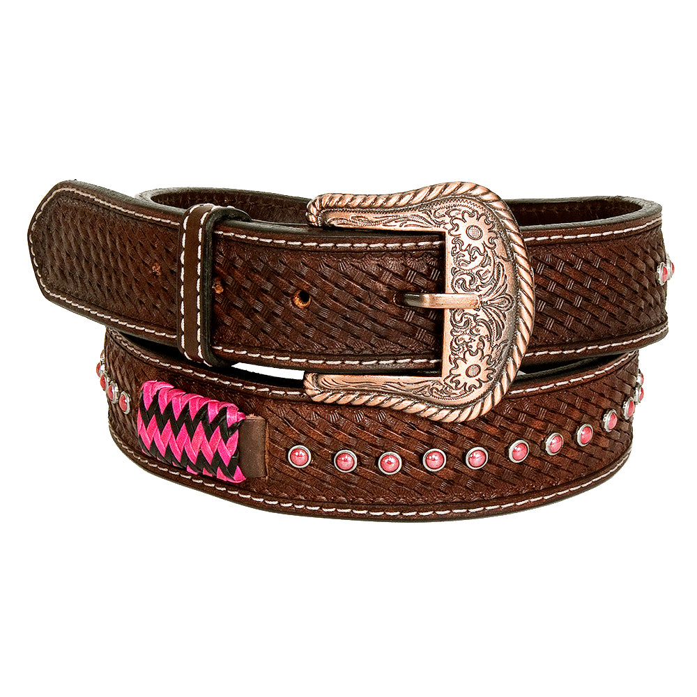 BAR H EQUINE Pink Rawhide Basket Hand Tooled Western Leather Men And Women Belt Brown