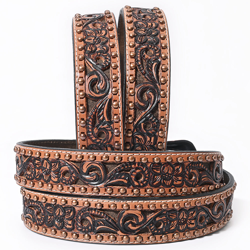 BAR H EQUINE Floral Genuine Hand Tooled Western Fashion Premium Leather Belt Brown