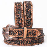 BAR H EQUINE Floral Genuine Hand Tooled Western Fashion Premium Leather Belt Brown