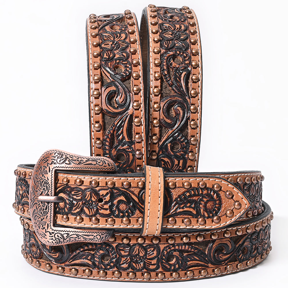 BAR H EQUINE Floral Genuine Hand Tooled Western Fashion Premium Leather Belt Brown