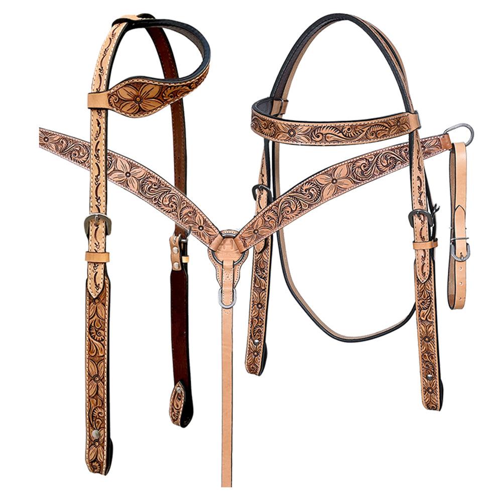 Bar H Equine Western Horse Genuine Leather Floral Carved Tack Set Tan