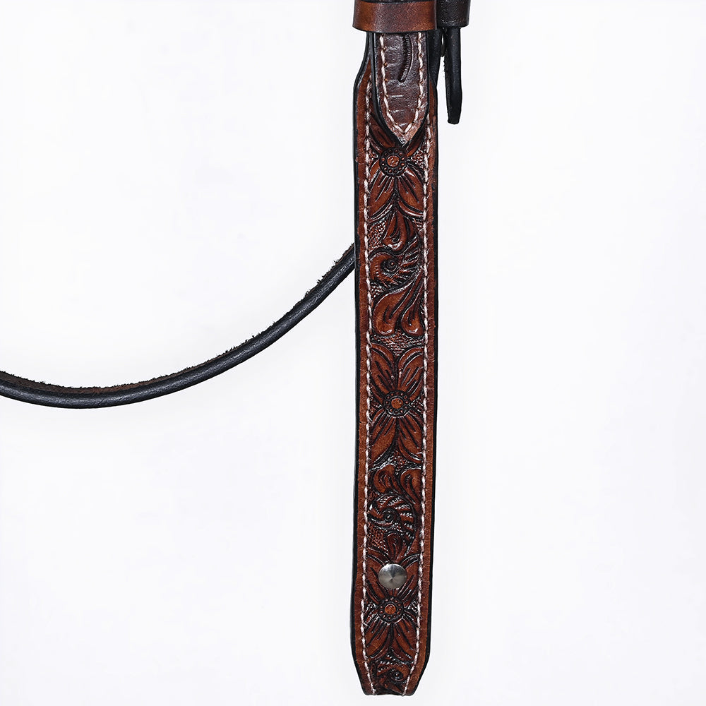Bar H Equine Horse Genuine Leather Floral Carved Tack Set Dark Brown