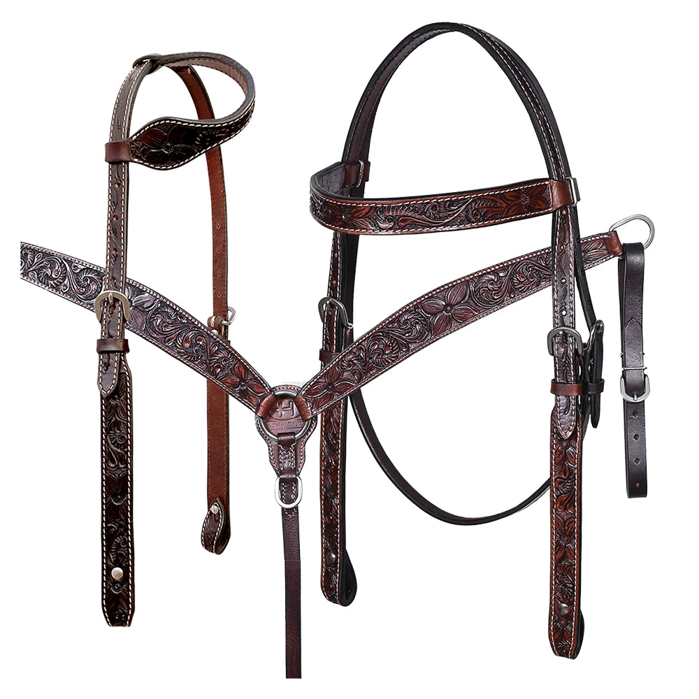Bar H Equine Horse Genuine Leather Floral Carved Tack Set Dark Brown
