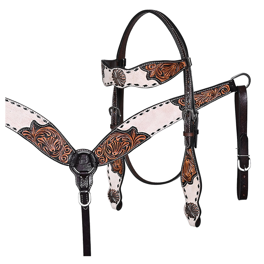 BAR H EQUINE Western Handtooled Leather Horse Headstall & Breast Collar Set